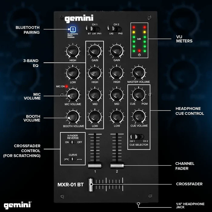 Gemini MXR-01BT 2-Channel Professional DJ Mixer with Bluetooth Input