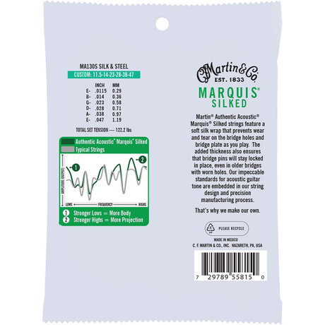 Martin MA130S Authentic Acoustic Marquis 3-Pack Silked Guitar Strings, Silk & Steel - Custom Light (11.5-47)