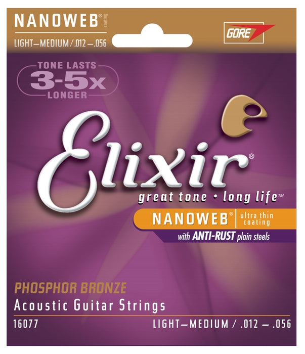 Elixir 16077 Phosphor Bronze Nanoweb Coated Acoustic Guitar Strings, Light-Medium (12 - 56)