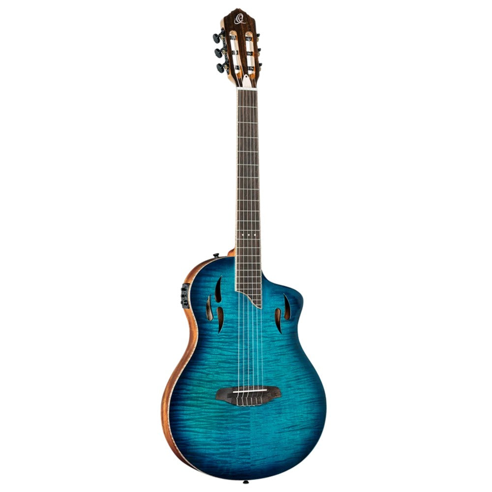 Ortega Tour Player Series Thinline Crossover Nylon String Acoustic Electric - Flamed Maple Blue