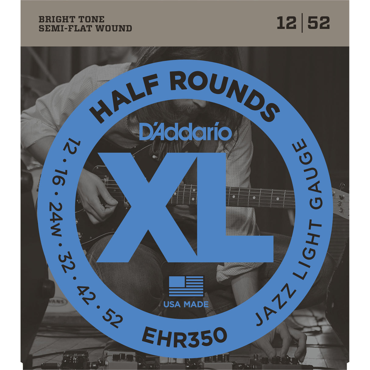 D'Addario EHR350 Half Round Electric Guitar Strings Jazz Light 12-52 Gauge