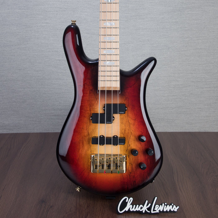 Spector Euro4LT Spalted Maple Bass Guitar - Fire Red Burst - CHUCKSCLUSIVE - #]C121SN 21114 - Display Model - Display Model, Mint
