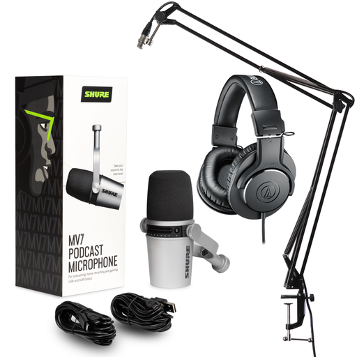 Shure MV7S Podcasting Bundle with Boom Arm and Headphones - Silver