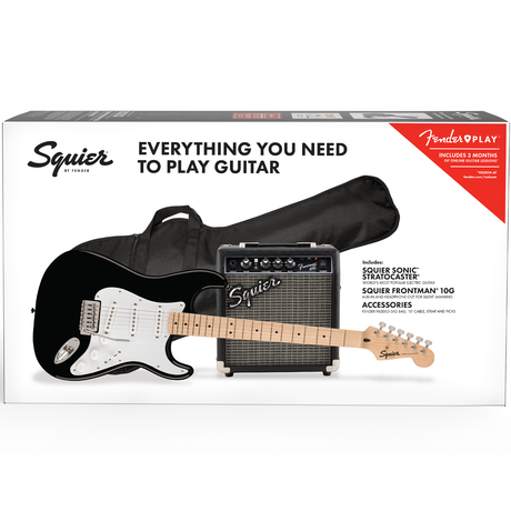 Squier Sonic Stratocaster Pack, Maple Fingerboard, Black, Gig Bag, 10G Amplifier - New