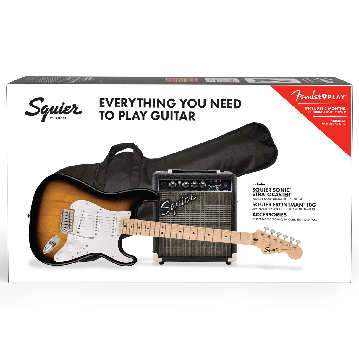 Squier Sonic Stratocaster Pack, Maple Fingerboard, 2-Color Sunburst, Gig Bag, 10G Amplifier - New
