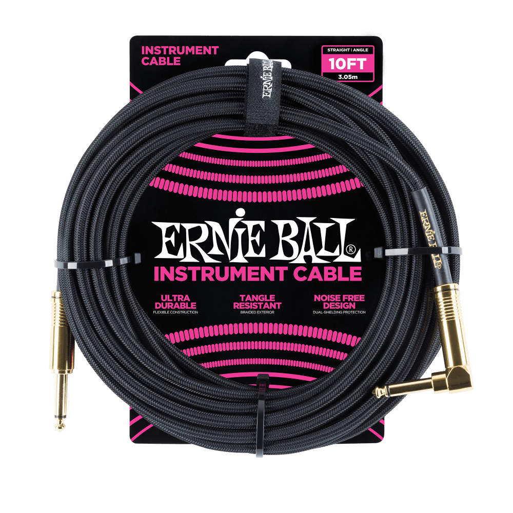 Ernie Ball P06081 10-Foot Braided Straight to Right Angle Instrument Cable - Black with Gold Connectors