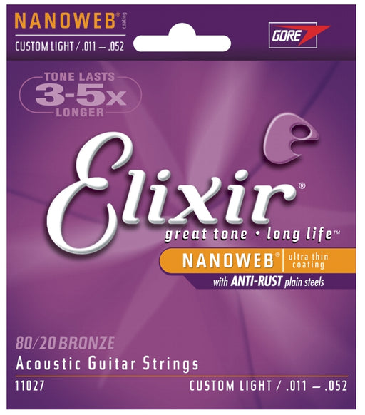 Elixir 80/20 Bronze Nanoweb Coated Acoustic Guitar Strings, Custom Light (11 - 52)