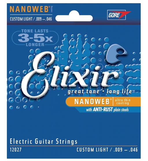 Elixir Nanoweb Coated Electric Guitar Strings With Anti-Rust, Custom Light (9- 46)