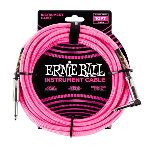 Ernie Ball P06078 Braided Straight to Right Angle Instrument Cable - 10-Foot Neon Pink