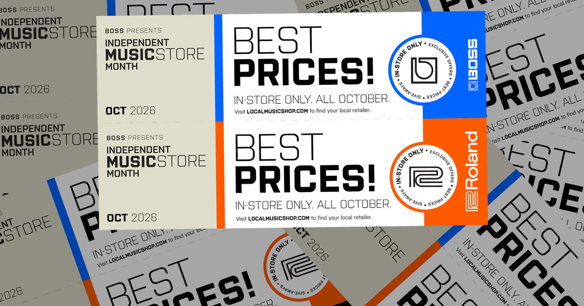 A promotional graphic for Boss Presents Independent Music Store Month, featuring two overlapping ticket-style designs with bold text including 'BEST PRICES!' and 'OCT 2026'. The design uses black, white, blue, and orange, with a circular logo and a Roland logo visible on the right ticket.