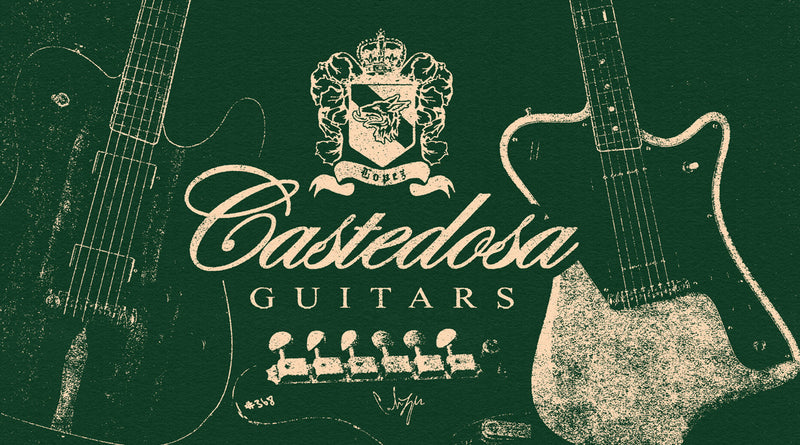 A dark green graphic with distressed cream-colored electric guitars on the left and right sides, a crest logo at the top center, and the text 'Castedosa Guitars' in large script and block lettering across the middle.