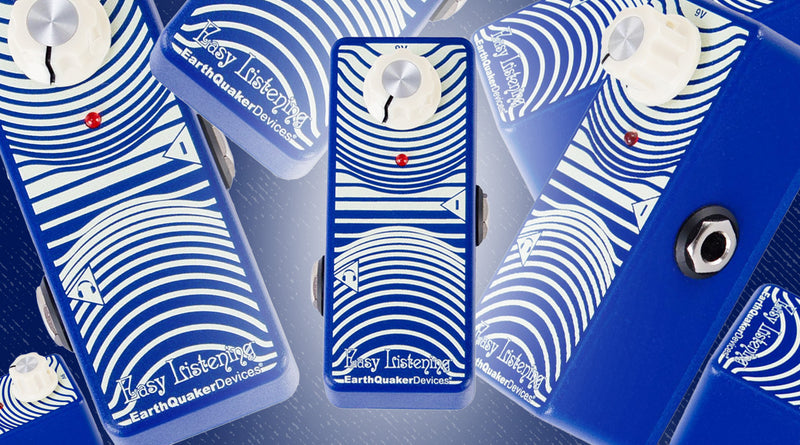 Blue and white guitar effects pedal with 'Earthquaker Devices' branding on a blue gradient background.