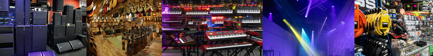 Collage of images featuring electronic music equipment and a DJ at a concert.