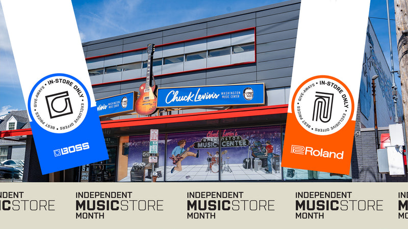 Promotional graphic for an independent music store month featuring a storefront facade with a guitar mounted above the entrance, blue and orange promotional badges, and text reading 'INDEPENDENT MUSICSTORE MONTH' repeated along the bottom.