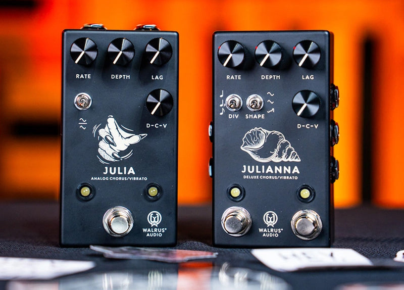 Two guitar effect pedals with 'Julia' and 'Julianna' branding on a blurred background.