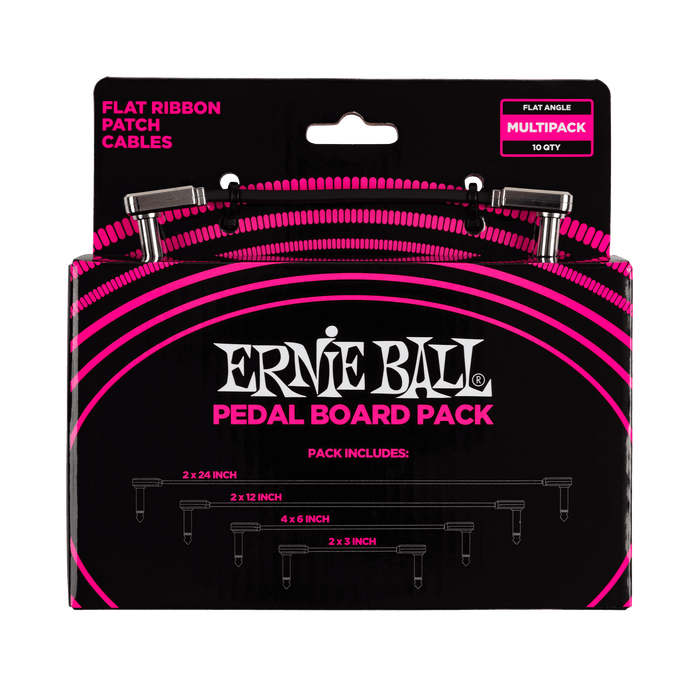 Ernie Ball P06224 Flat Ribbon Pedalboard Patch Cable - Right Angle to Right Angle - Multi Pack Black