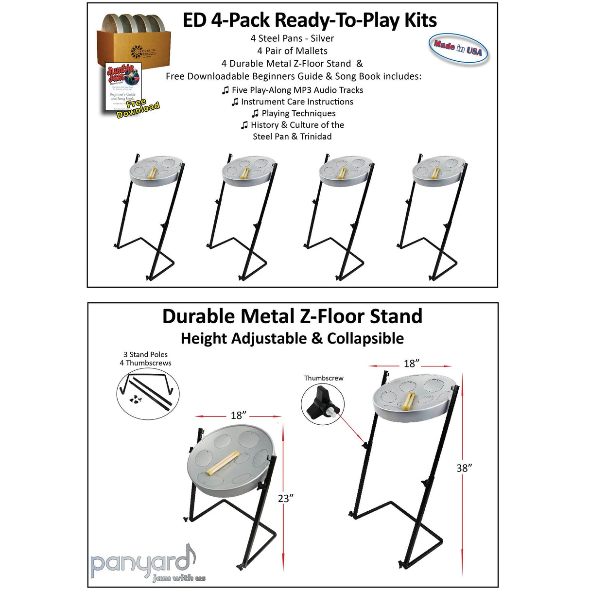 Panyard Jumbie Jam Steel Drum Educators 4-Pack - Metal Z-Floor Stands - Purple Pans