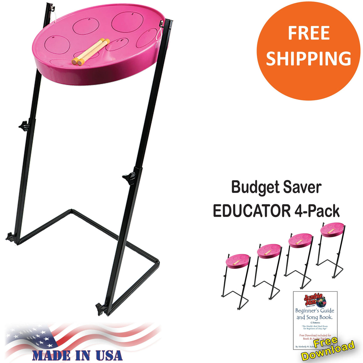 Panyard Jumbie Jam Steel Drum Educators 4-Pack - Metal Z-Floor Stands - Pink Pans