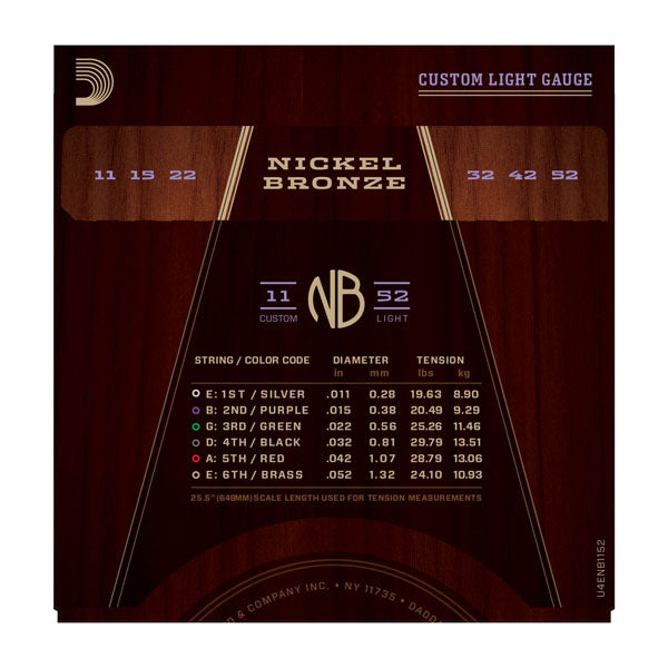 D'Addario NB1152 Nickel Bronze Acoustic Guitar Strings - Custom Light -11-52