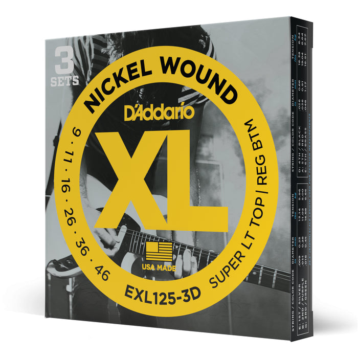 D'Addario EXL125-3D Nickel Wound Electric Guitar Strings, 3 Pack - 009-.046, Super Light Top/Heavy Bottom Gauge - New,3-pack