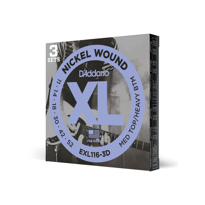 D'Addario EXL116-3D Nickel Wound Electric Guitar Strings, 3 Pack - 011-.052, Medium Top / Heavy Bottom Gauge - New,3-pack