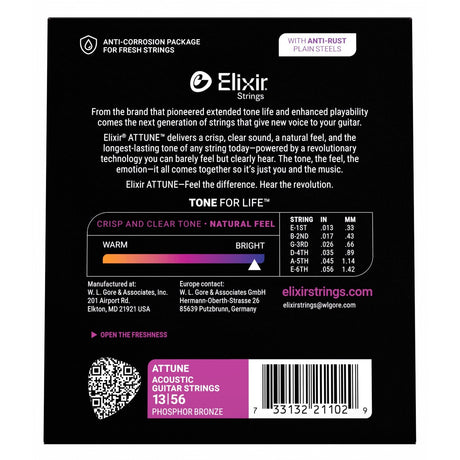Elixir 21102 ATTUNE™ Phosphor Bronze Acoustic Guitar Strings - Medium (.013-.056)