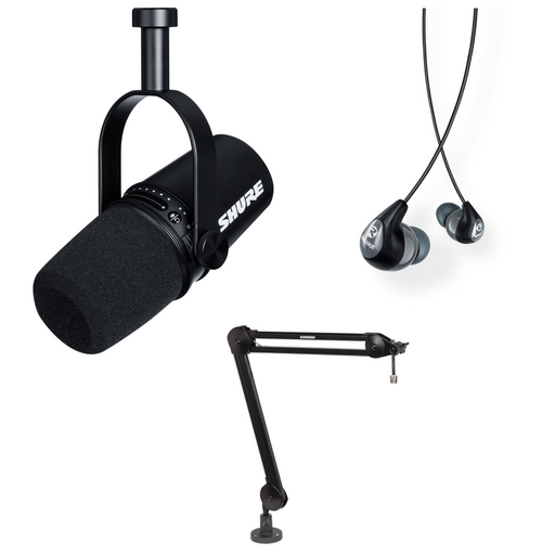 Shure MV7K Podcasting Bundle with Boom Arm and Earbuds - Black