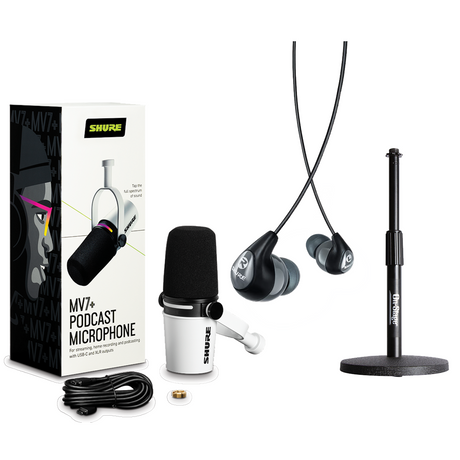 Shure MV7+-W with Earbuds Podcasting Bundle - White