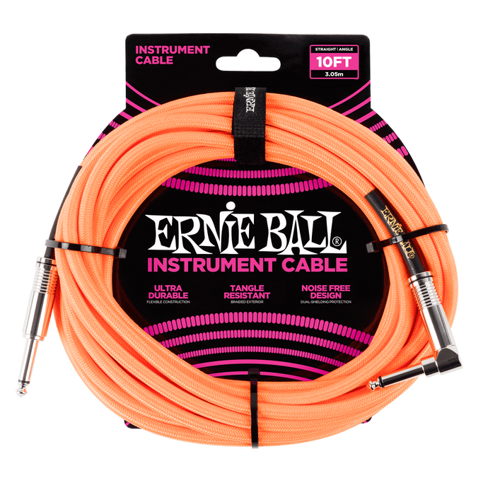 Ernie Ball P06079 Braided Straight to Right Angle Instrument Cable - 10-Foot Neon Orange