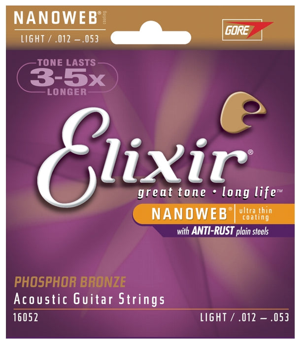 Elixir 16052 Phosphor Bronze Nanoweb Coated Acoustic Guitar Strings, Light (12 - 53)