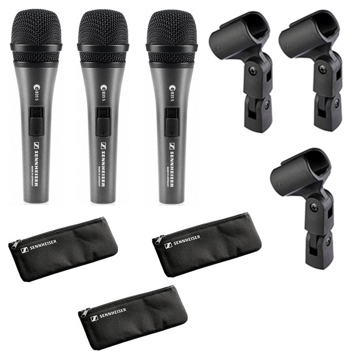 Sennheiser 3-Pack E 835-S Cardioid Dynamic Mic With Clips and Pouches