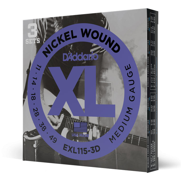 D'addario EXL115-3D Nickel Wound Electric Guitar Strings, 3 Pack - .011-.049, Medium Gauge - New,3-pack