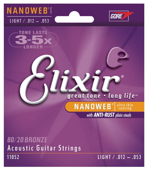 Elixir 11052 80/20 Bronze Nanoweb Coated Acoustic Guitar Strings, Light (12 - 53)