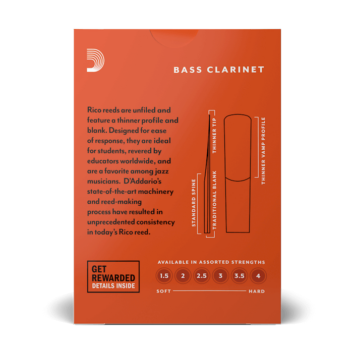 D'Addario REA10 Rico Unfiled Bass Clarinet Reed 10-Pack - New,2.5