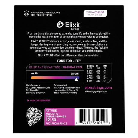 Elixir 21052 ATTUNE™ Phosphor Bronze Acoustic Guitar Strings - Light (.012-.053)