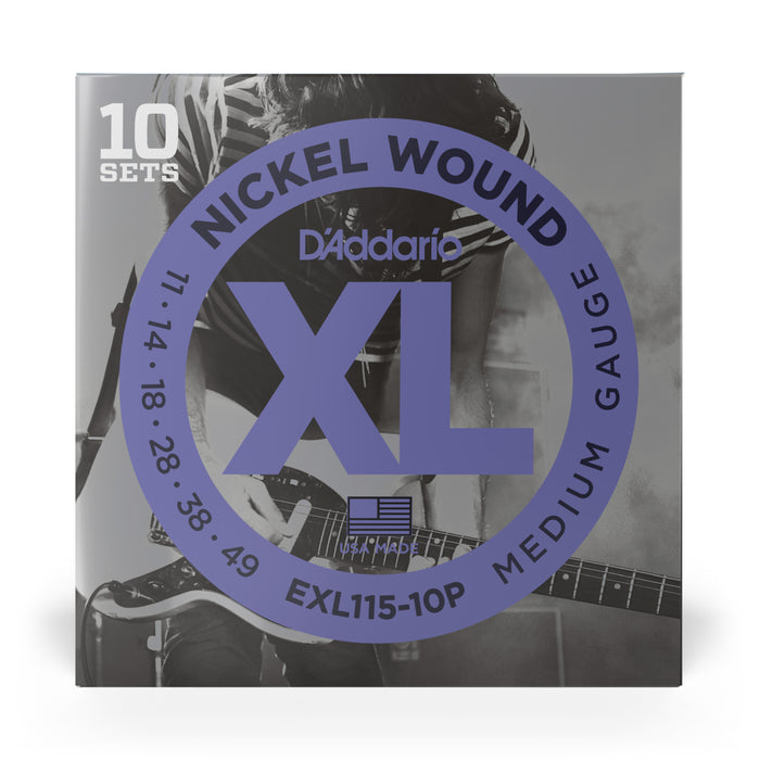 D'addario EXL115-10P Nickel Wound Electric Guitar Strings, 10 Pack - .11-.049, Medium Gauge - New,10-pack