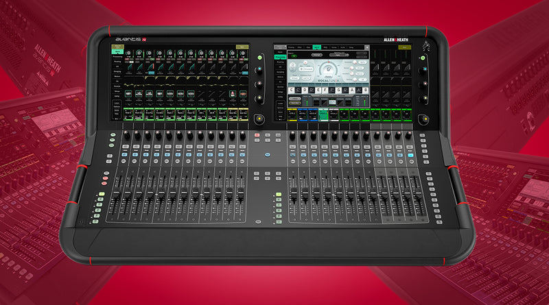 Audio mixing console with digital displays on a red background