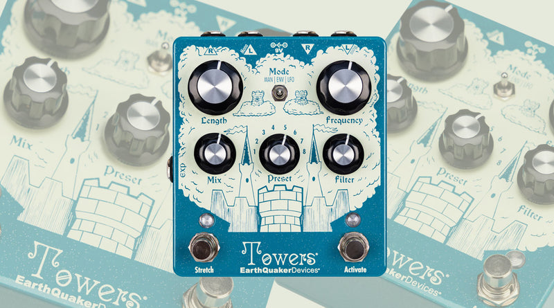 Pedal board with EarthQuaker Devices Towers effect pedal on a matching background