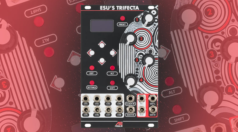 Electronic module with 'ESU's Trifecta' branding on a red patterned background