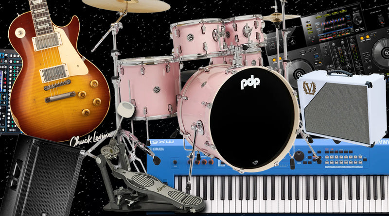 Music equipment including a guitar, drums, keyboard, and speakers on a colorful background