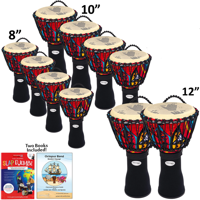 Slap Percussion Rope Djembe Educational 10 Pack with Guides - Mixed Sizes