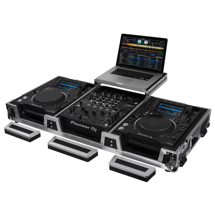 Odyssey FZGSL12CDJWR Black Low Profile 12" Format DJ Mixer and Two Large Format Media Players Flight Coffin Case with Wheels and Glide Platform